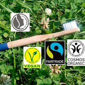 Mehr Umweltverträglichkeit bei Dentalprodukten gefragt Zahnbürste mit vier Logos für nachhaltige Produkte