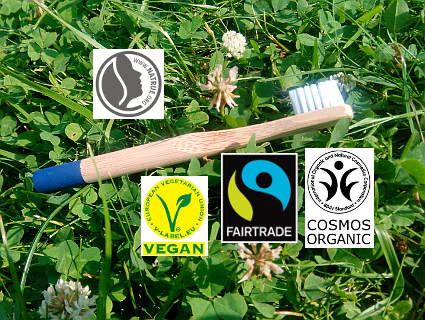 Mehr Umweltverträglichkeit bei Dentalprodukten gefragt Zahnbürste mit vier Logos für nachhaltige Produkte